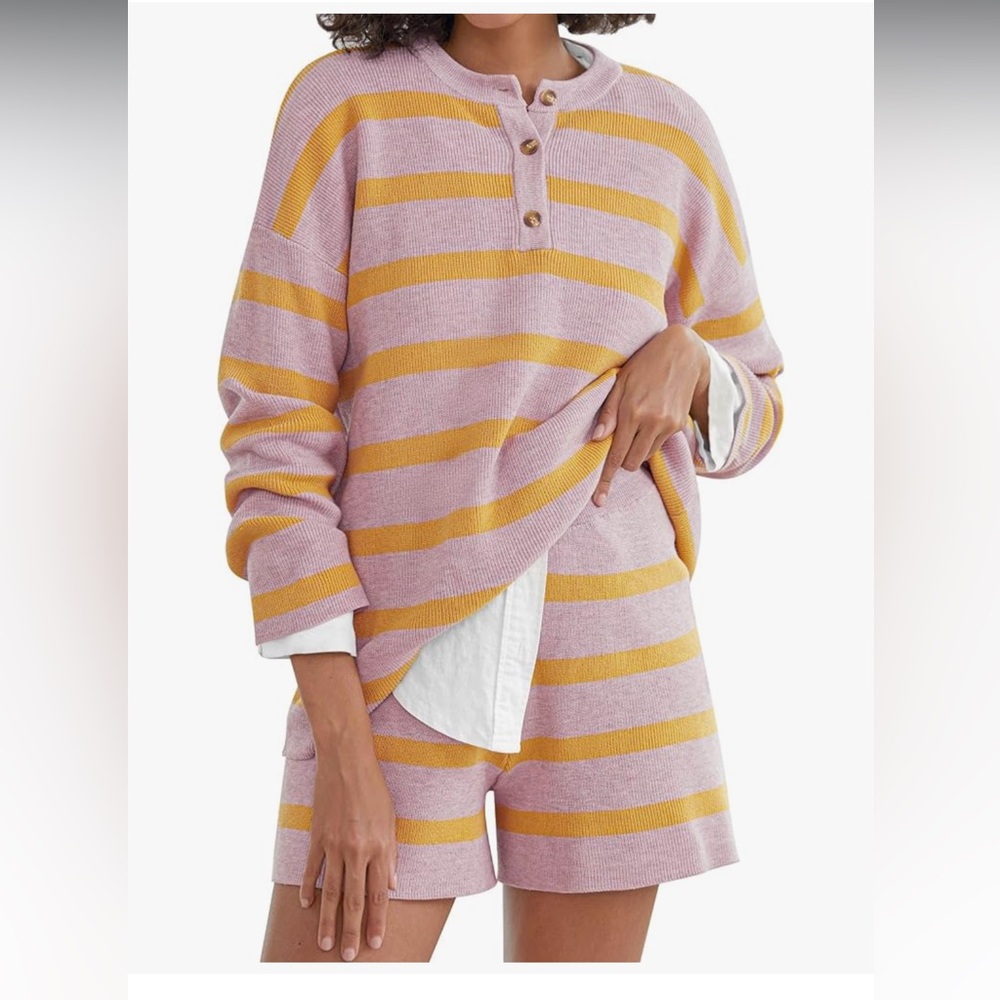Striped Knit Lounge Shorts in Pink and Mustard